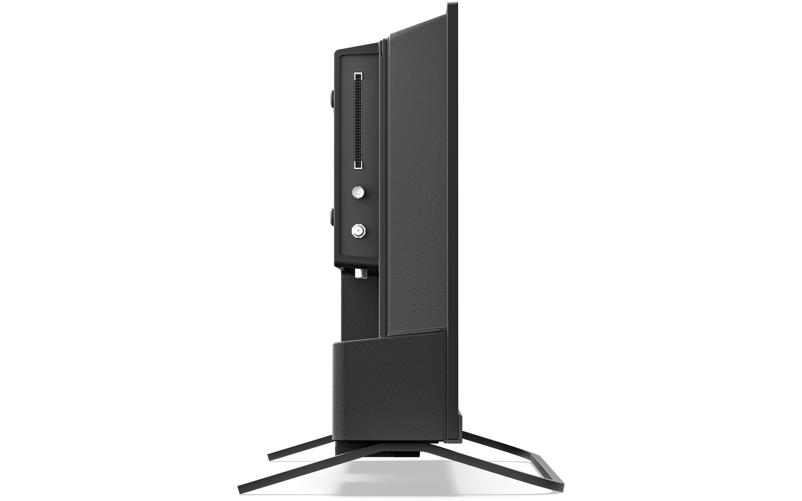 Zijaanzicht van een zwarte flatscreen op een standaard, zichtbare poorten, ventilatieopeningen en twee ronde elementen
