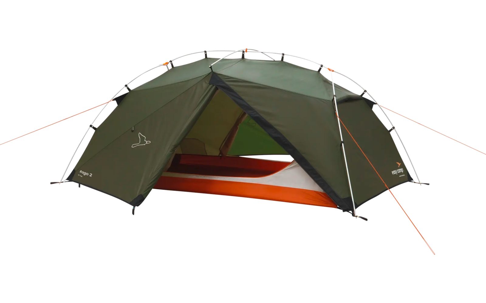 Grünes Zweimannzelt mit orangem Innenboden auf grauem Untergrund