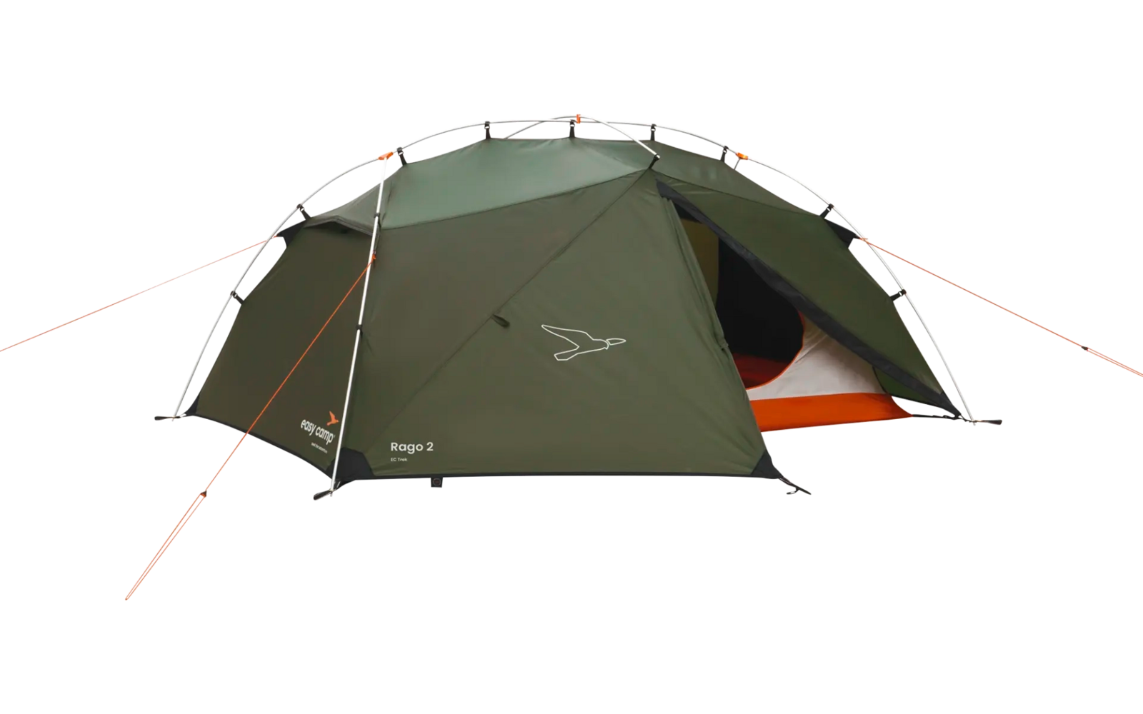 Grünes Campingzelt mit geöffnetem Eingang auf weißem Hintergrund