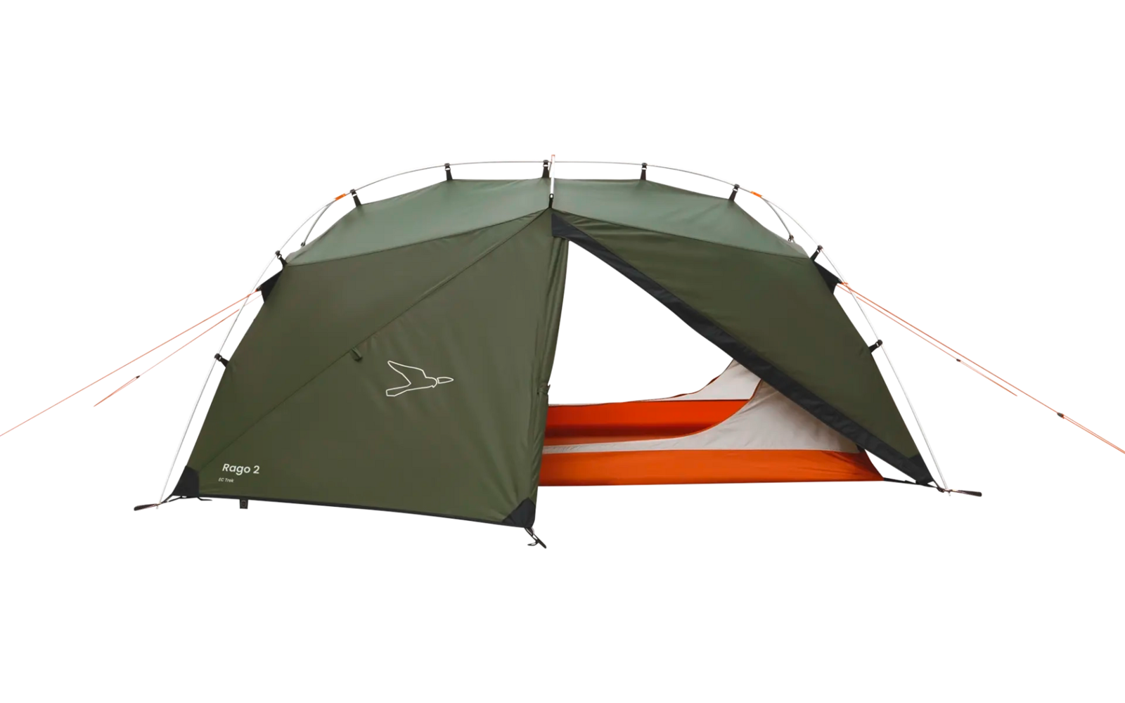 Grünes Campingzelt mit offenem Eingang und orangem Schlafsack darin