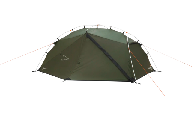 Grünes Zelt mit vier orangenen Abspannleinen auf Grasfläche