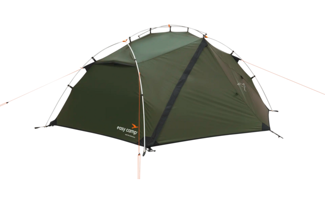 Grünes Campingzelt mit zwei Eingängen und roten Bodenbefestigungen auf weißem Hintergrund