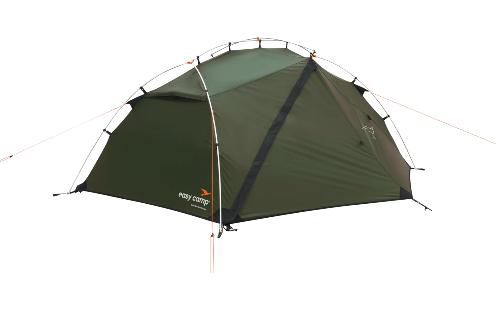 Grünes Campingzelt mit zwei Eingängen und roten Bodenbefestigungen auf weißem Hintergrund