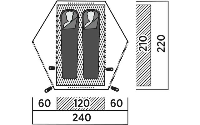 Technische Zeichnung mit Maßen eines rechteckigen Gegenstands mit drei runden Aussparungen oben