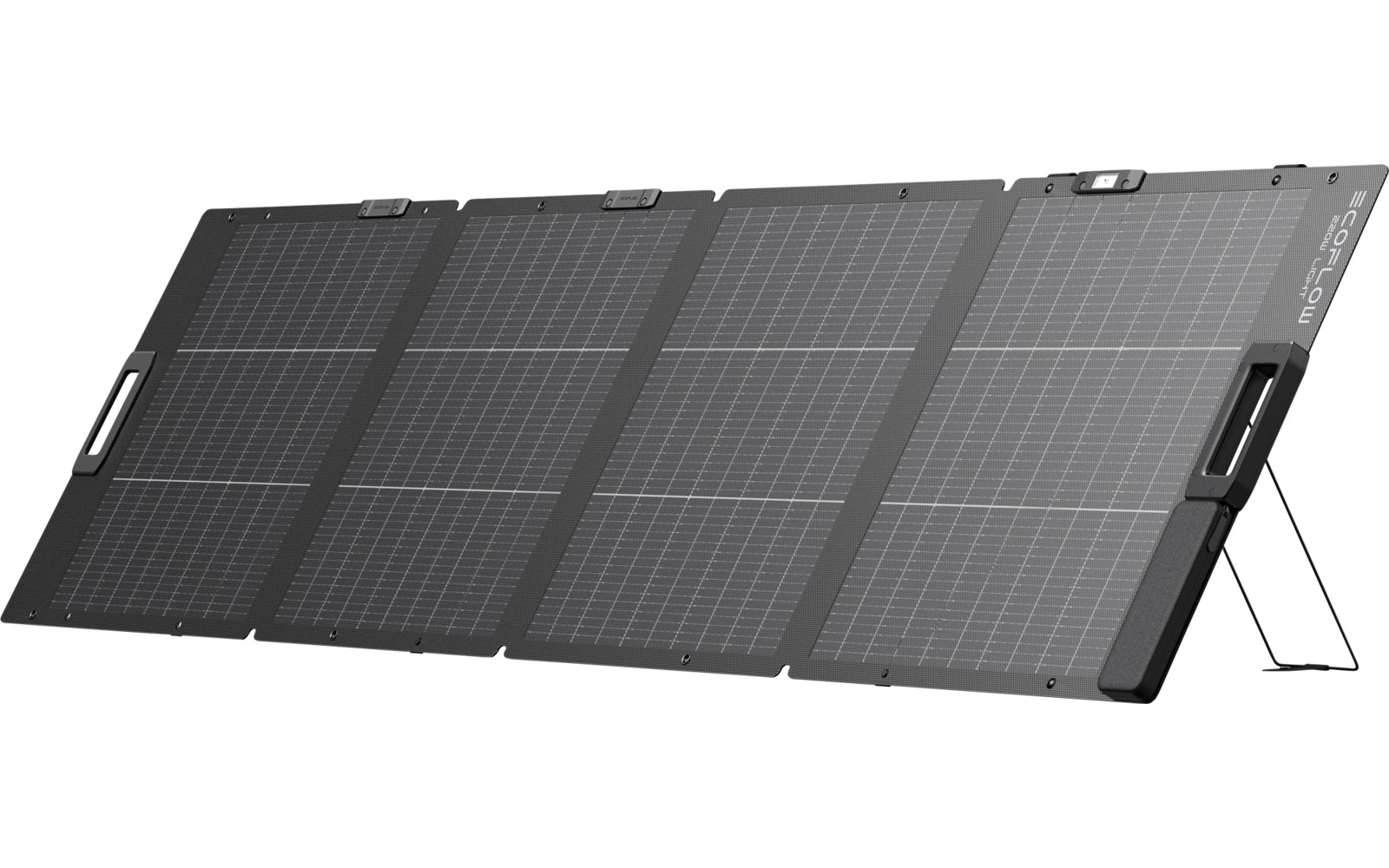 Aufgestelltes, zusammenklappbares Solarpanel aus mehreren verbundenen rechteckigen Modulen mit sichtbaren Solarzellen und integriertem Ständer