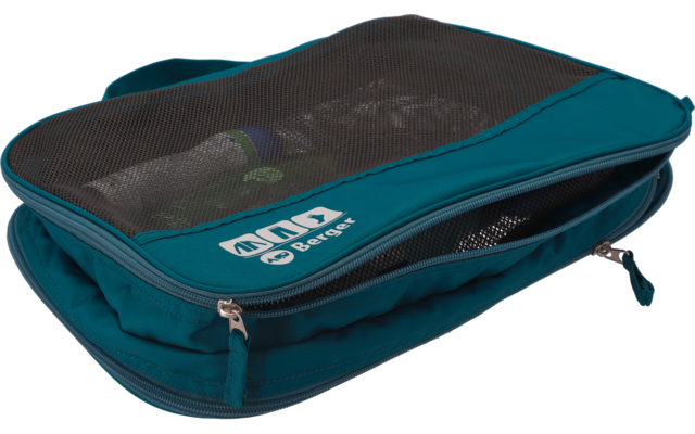 Blau-schwarze, rechteckige Tasche mit Reißverschluss und transparentem Deckel