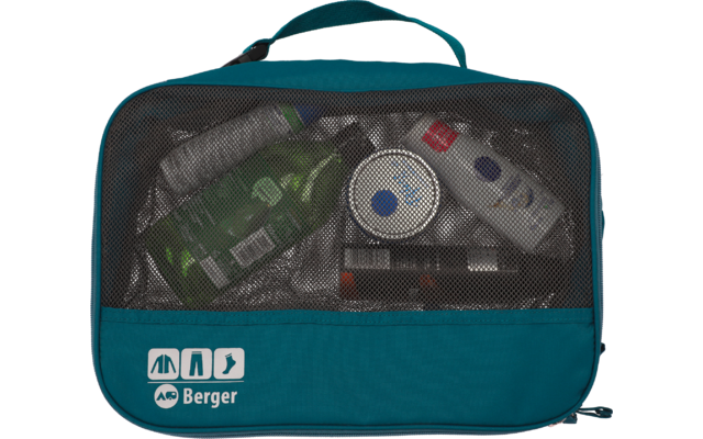 Durchsichtiges Reise-Kosmetiktäschchen mit Shampoo, Zahncreme und anderen Pflegeprodukten