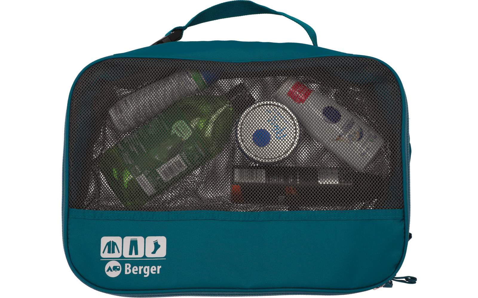 Durchsichtiges Reise-Kosmetiktäschchen mit Shampoo, Zahncreme und anderen Pflegeprodukten