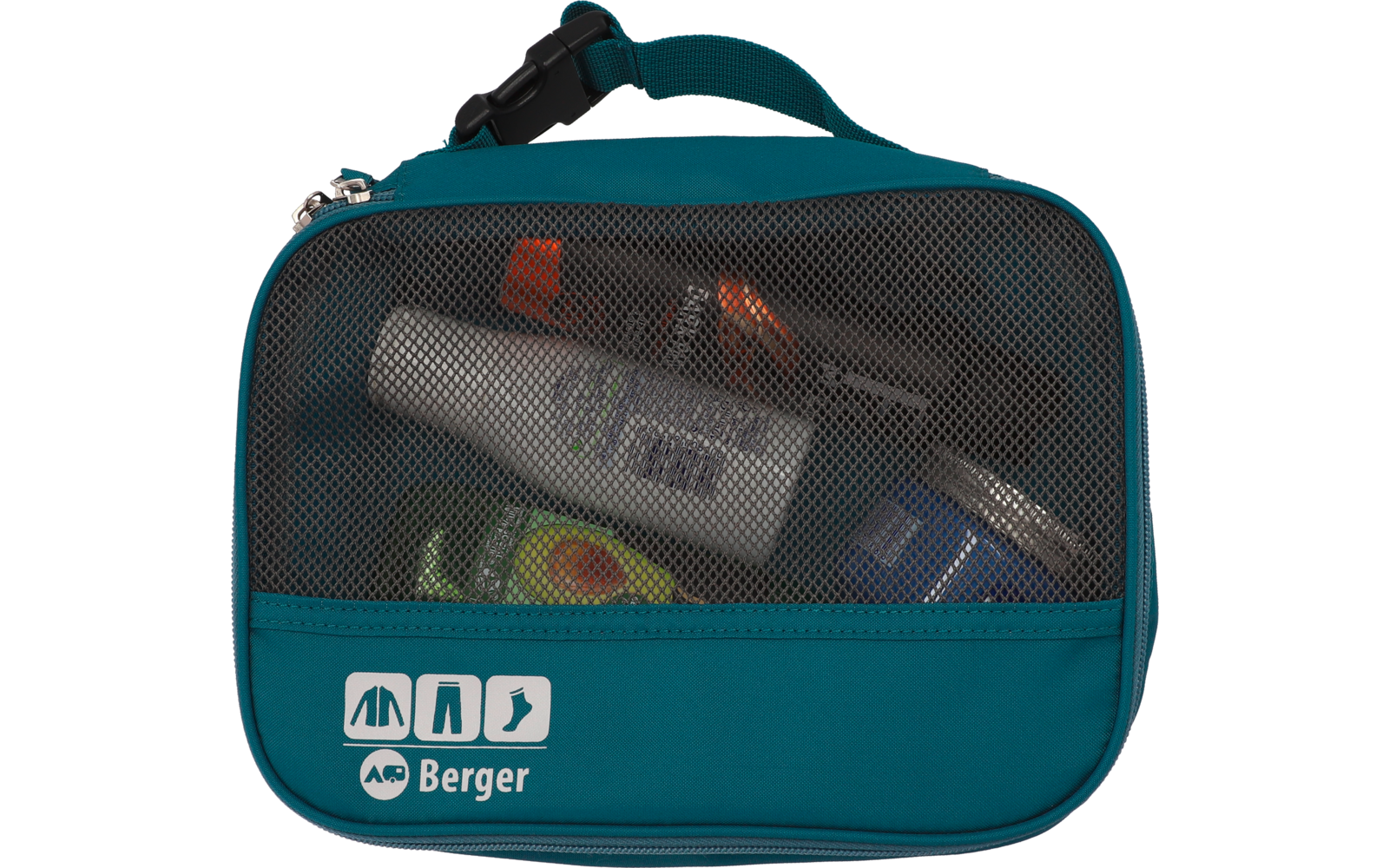 Reisetasche mit durchscheinender Vorderseite, darin verschiedene Kosmetikartikel sichtbar