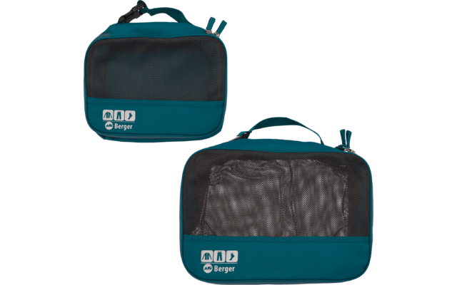 Twee turquoise opbergzakjes met zwarte netvoorzijde, ritsen en draaghandvatten; beide tonen een wit logo met de tekst "Berger"
