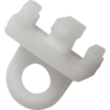 Pièce en plastique blanche avec un trou rond et deux pinces latérales