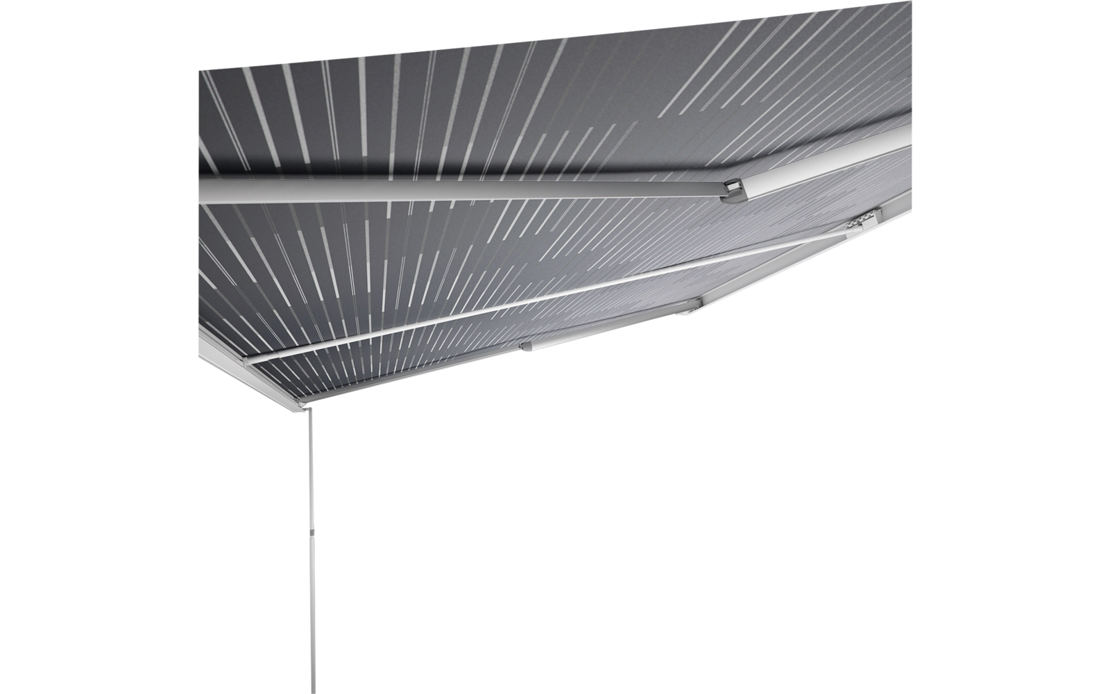 Moderne Markise mit Metallstreben und grauem Stoff