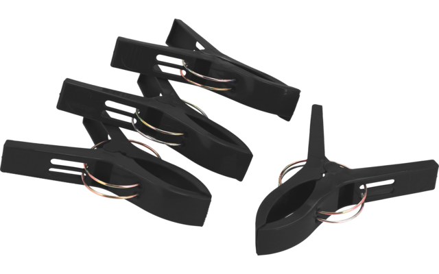 Vier schwarze Kunststoffklammern mit Metallfedern auf weißem Hintergrund