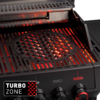 Offener Gasgrill mit rot glühenden Heizstäben unter Metallrost, rundes Einsatzgitter in der Mitte, drei Bedienknöpfe vorne, Turbo Zone-Logo unten links