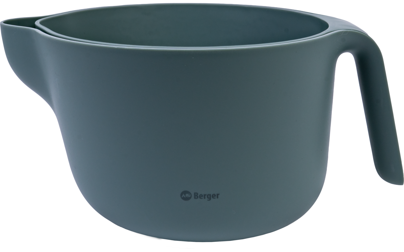 Blauwgroen bakje met schenktuit, zijhandvat en zichtbaar merk Berger