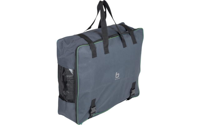 Sac de transport rectangulaire gris-bleu avec deux poignées supérieures, sangles noires, liseré vert, poche latérale en filet, deux boucles noires sur le devant et petit logo blanc au centre