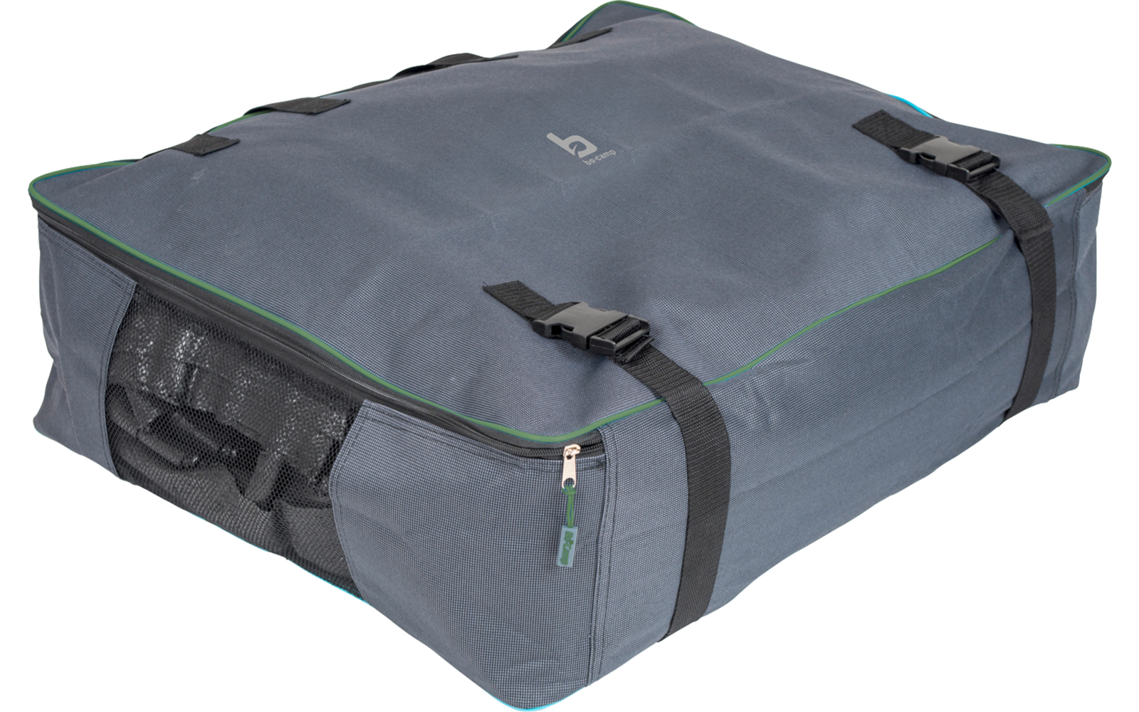 Sac de rangement plat gris-bleu avec fermeture éclair, sangles et boucles noires, liseré vert, panneau latéral en filet et petit logo blanc