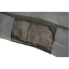 Sac gris avec fermeture éclair; tissu noir visible à travers une fenêtre en filet