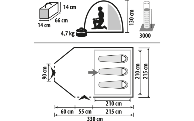 Technische Zeichnung eines Zeltes mit Maßen und Gewicht
