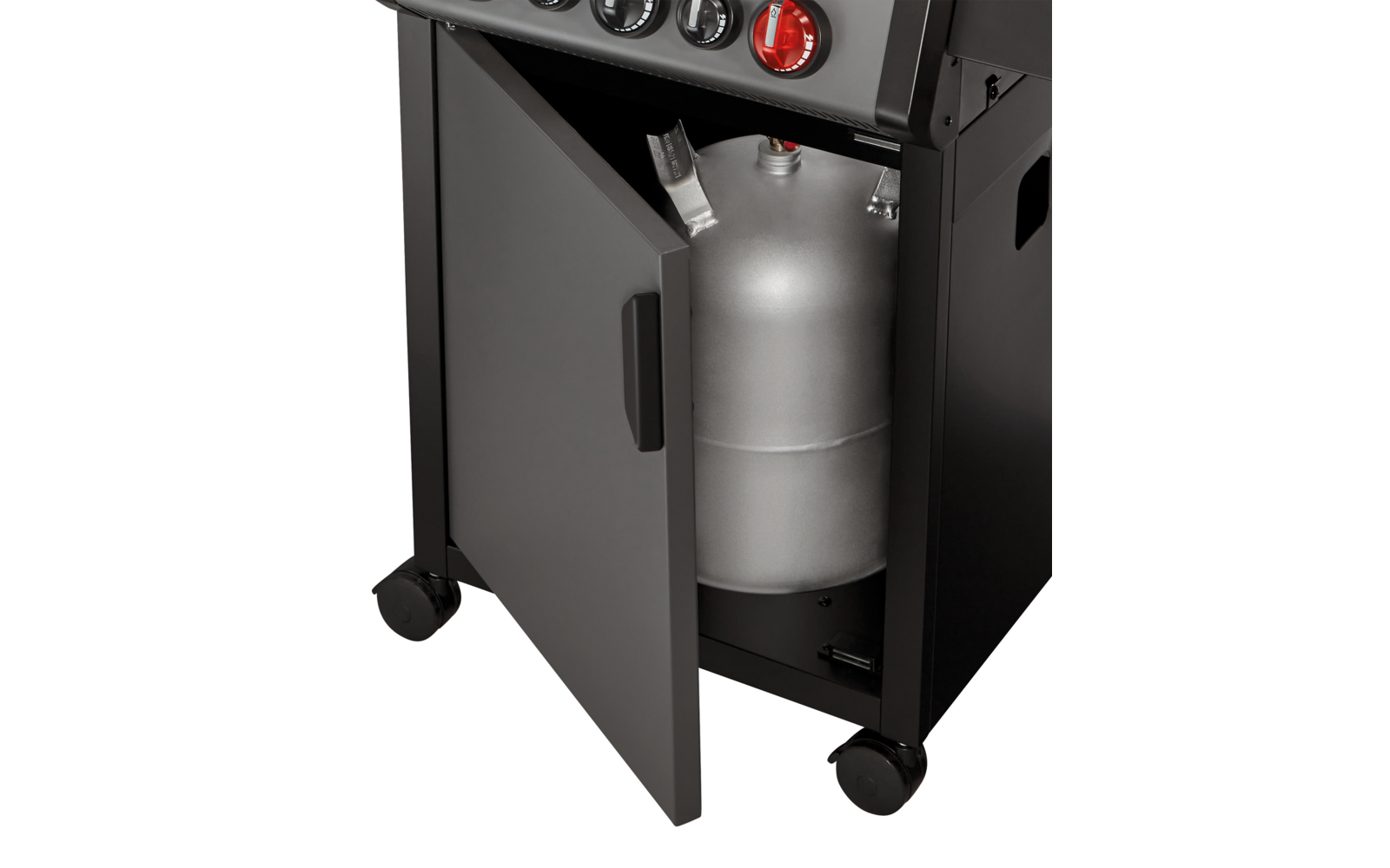 Geöffneter Unterschrank mit einem grauen Gasflaschenbehälter im Inneren