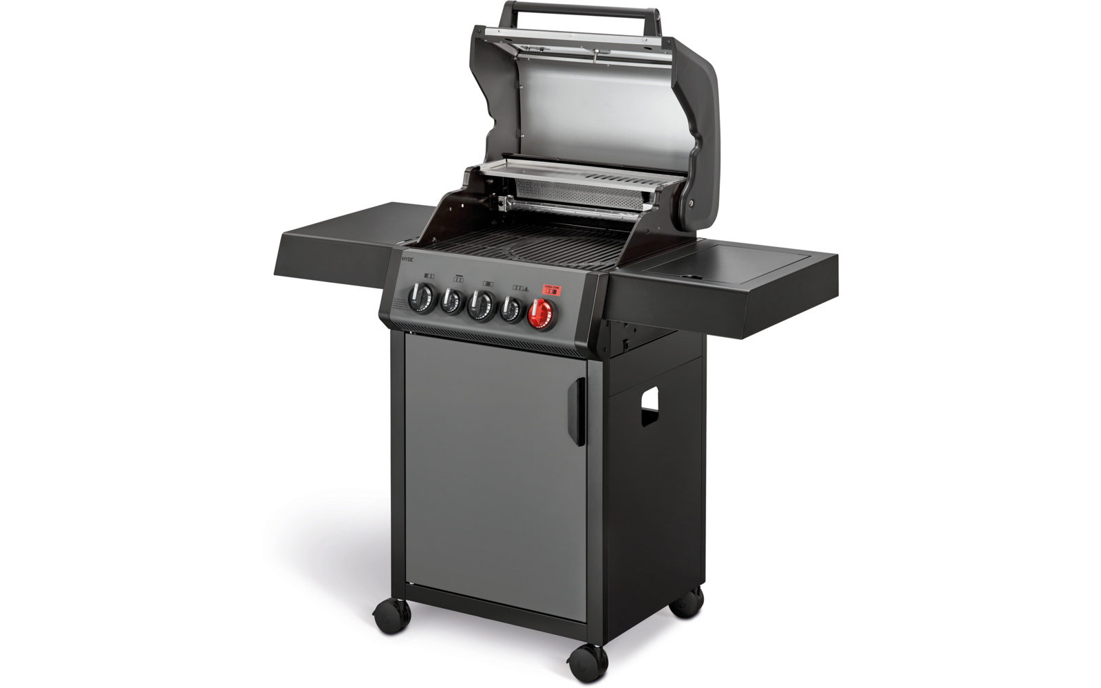 Geschlossener Gasgrill mit zwei Seitentischen und Bedienfeld