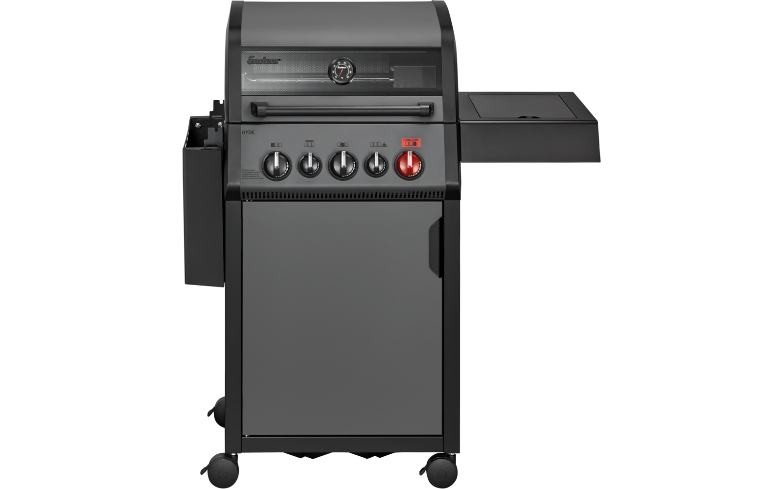 Schwarzer Gasgrill mit vier Brennern, Deckel und seitlichem Ablagebrett