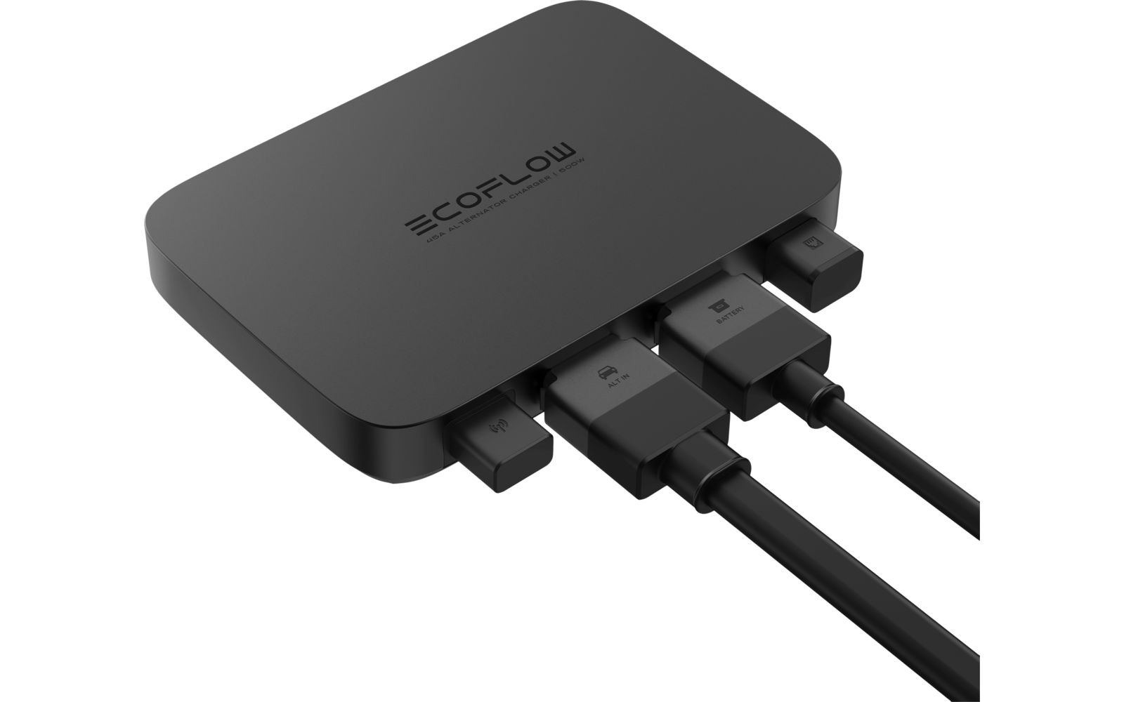 Small black electronic device with multiple connected cables