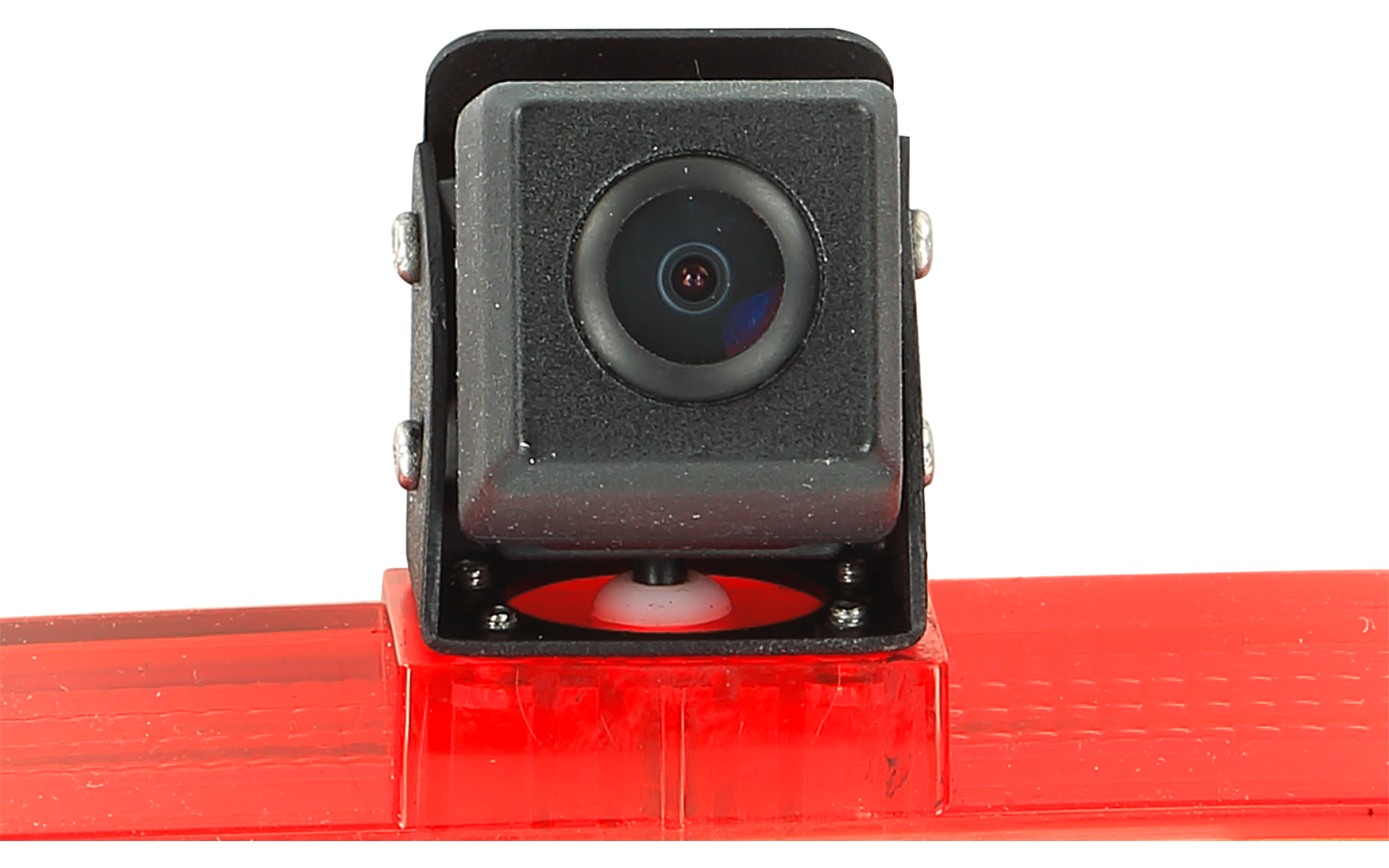 Nahaufnahme einer kleinen schwarzen Kamera mit Linse, befestigt auf einer roten Kunststoffhalterung