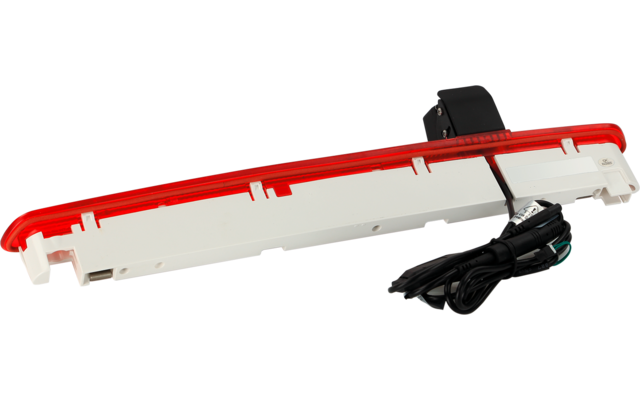 Langes schmales rotes Leuchtengehäuse mit weißer Unterseite und angeschlossenem schwarzem Kabel