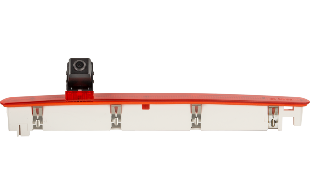 Rotes und weißes rechteckiges Kunststoffgehäuse mit drei sichtbaren Metallklammern an der Unterseite und einem schwarzen rechteckigen Modul mit runder Linse oben