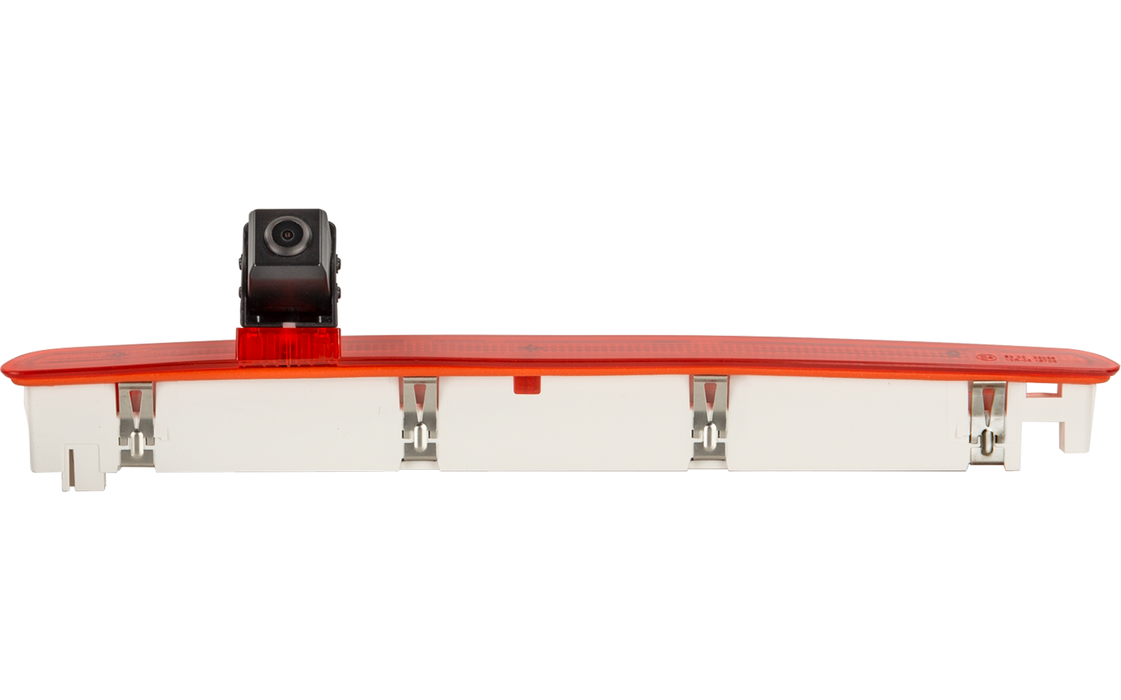 Rotes und weißes rechteckiges Kunststoffgehäuse mit drei sichtbaren Metallklammern an der Unterseite und einem schwarzen rechteckigen Modul mit runder Linse oben