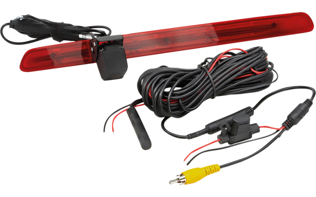 Langer roter Leuchtenbalken mit mehreren schwarzen Kabeln, Steckern und einem gelben Stecker