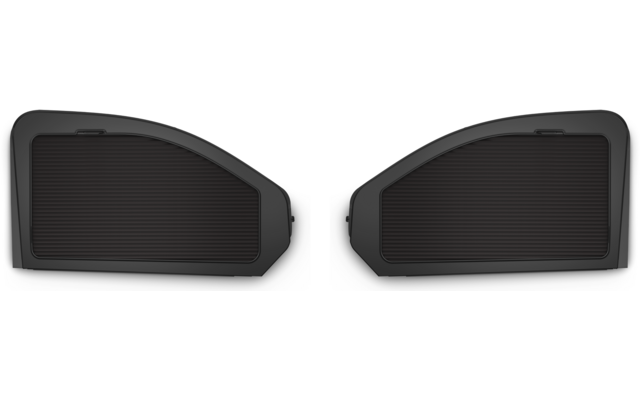 Zwei dunkelgraue rechteckige Paneele mit leicht gebogener Oberkante und horizontal geriffelter Oberfläche, nebeneinander auf weißem Hintergrund