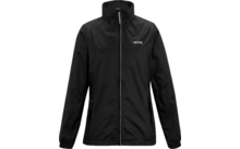 Schwarze Jacke mit Reißverschluss, Kapuze, zwei vorderen Reißverschlusstaschen und weißem Logo auf der Brust