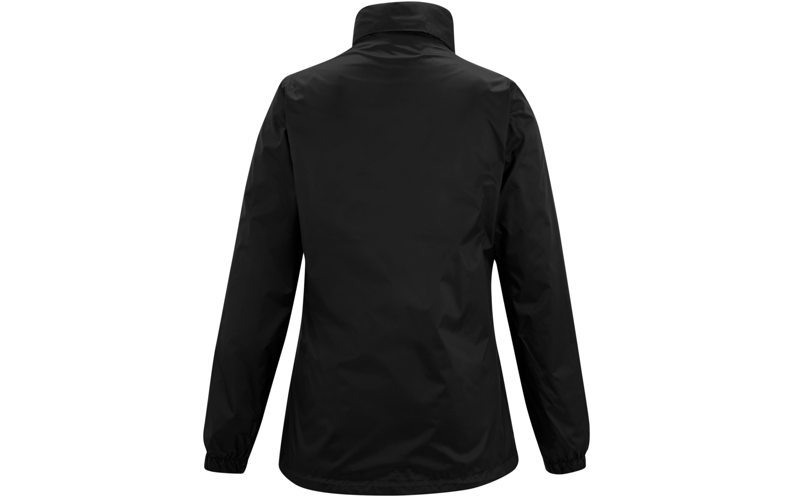 Giacca nera, vista posteriore, maniche lunghe, collo alto, polsini elasticizzati, sfondo bianco