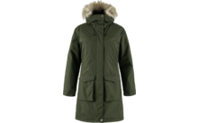 Green winter coat with hood and fur trim