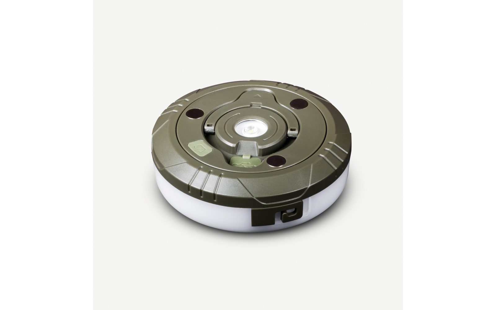 Runder, flacher Gegenstand mit olivgrünem Oberteil, weißem Leuchtring, mittiger runder Lichtquelle, zwei kleinen runden Öffnungen und kleinem Schalter