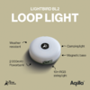 Runde weiße Lampe mit schwarzem Mittelkreis und weißem Symbol, oben die Texte 'LIGHTBIRD BL2' und 'LOOP LIGHT'. Pfeile mit Beschriftungen 'Weather resistant', 'Camping light', 'Magnetic base', '2000mAh Powerbank', '10m RGB string light'. Unten links 