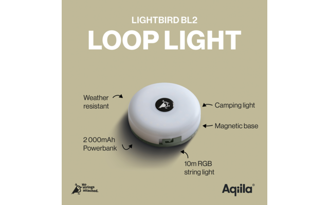 Runde weiße Lampe mit schwarzem Mittelkreis und weißem Symbol, oben die Texte 'LIGHTBIRD BL2' und 'LOOP LIGHT'. Pfeile mit Beschriftungen 'Weather resistant', 'Camping light', 'Magnetic base', '2000mAh Powerbank', '10m RGB string light'. Unten links 