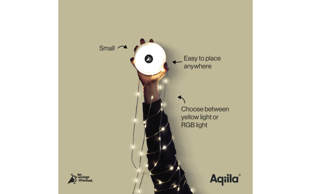 Hand mit schwarzem Ärmel hält eine runde weiße Lampe; Lichterkette um den Arm gewickelt; sichtbare Texte 'Small', 'Easy to place anywhere', 'Choose between yellow light or RGB light'; unten links Logo 'No strings attached.'; unten rechts Schriftzug '