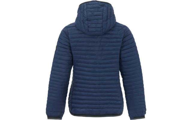 Dunkelblaue gesteppte Kapuzenjacke, Rückenansicht, lange Ärmel, horizontale Steppnähte, rundes Logo am linken Oberarm, weißer Hintergrund