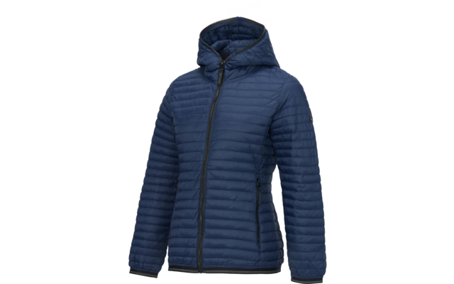 Dunkelblaue gesteppte Kapuzenjacke mit durchgehendem Reißverschluss und zwei Reißverschlusstaschen auf weißem Hintergrund