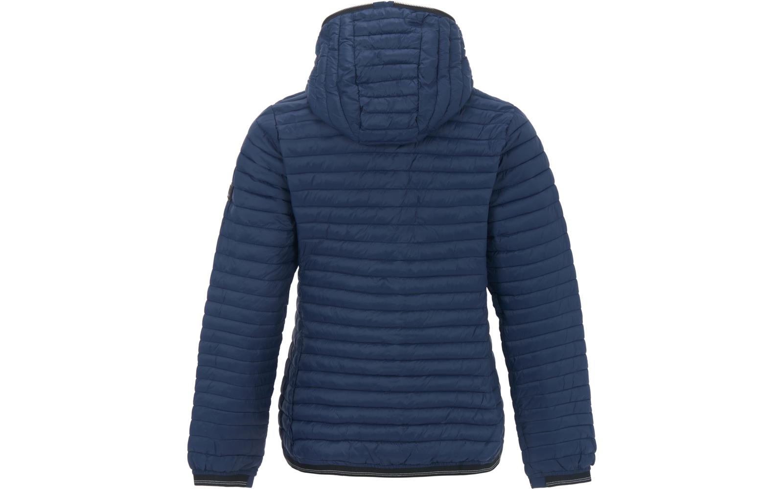 Dunkelblaue gesteppte Kapuzenjacke, Rückenansicht, lange Ärmel, horizontale Steppnähte, rundes Logo am linken Oberarm, weißer Hintergrund