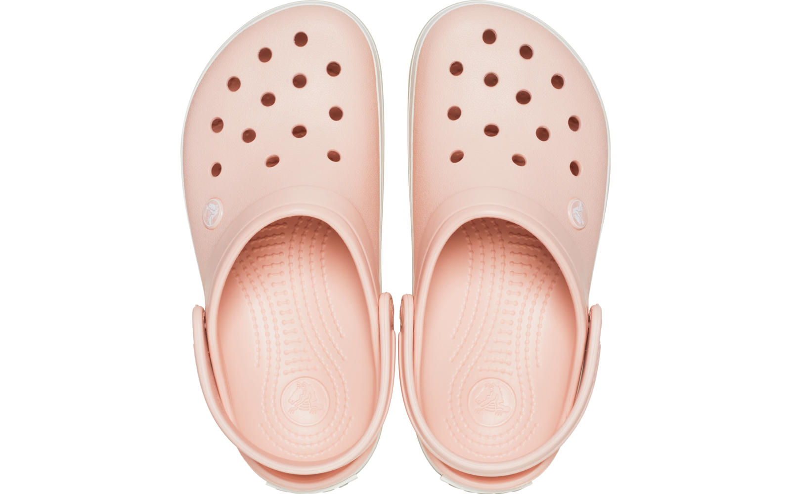 Paar rosa Clogs von oben, mit Belüftungsöffnungen, geriffelter Innensohle und Fersenriemen