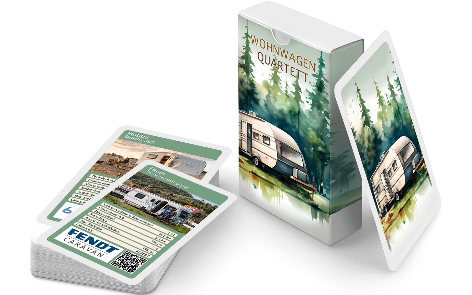 Mehrere Karten mit Bildern von Wohnwagen und Wald, einige Karten sind aufgestellt, andere liegen flach