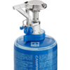 Silberner Gasbrenner auf einer blauen Gaskartusche