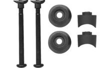 Two long black pins with T-shaped heads and ridged shafts, two round black washers with central holes, and two half-round black plastic clamps