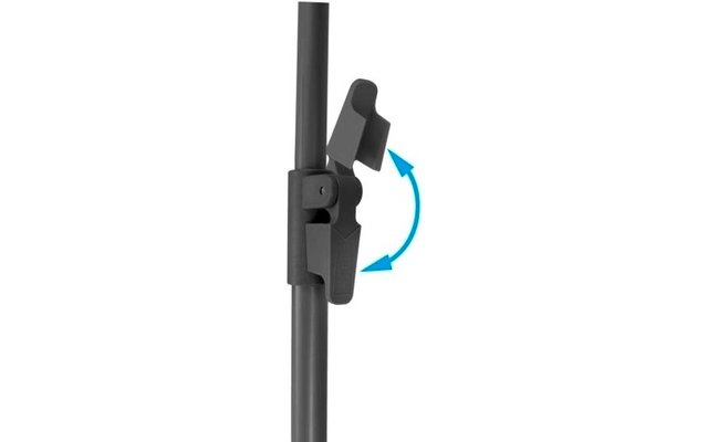 Black clamp on a vertical rod with a movable lever; blue curved double arrow indicates rotation direction