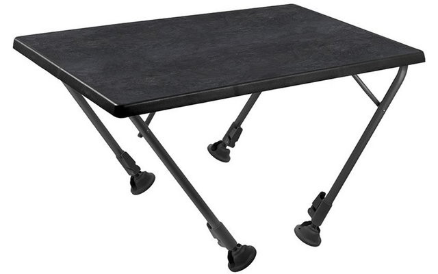 Rectangular black tabletop on four angled metal legs with round black rubber feet, on a white background