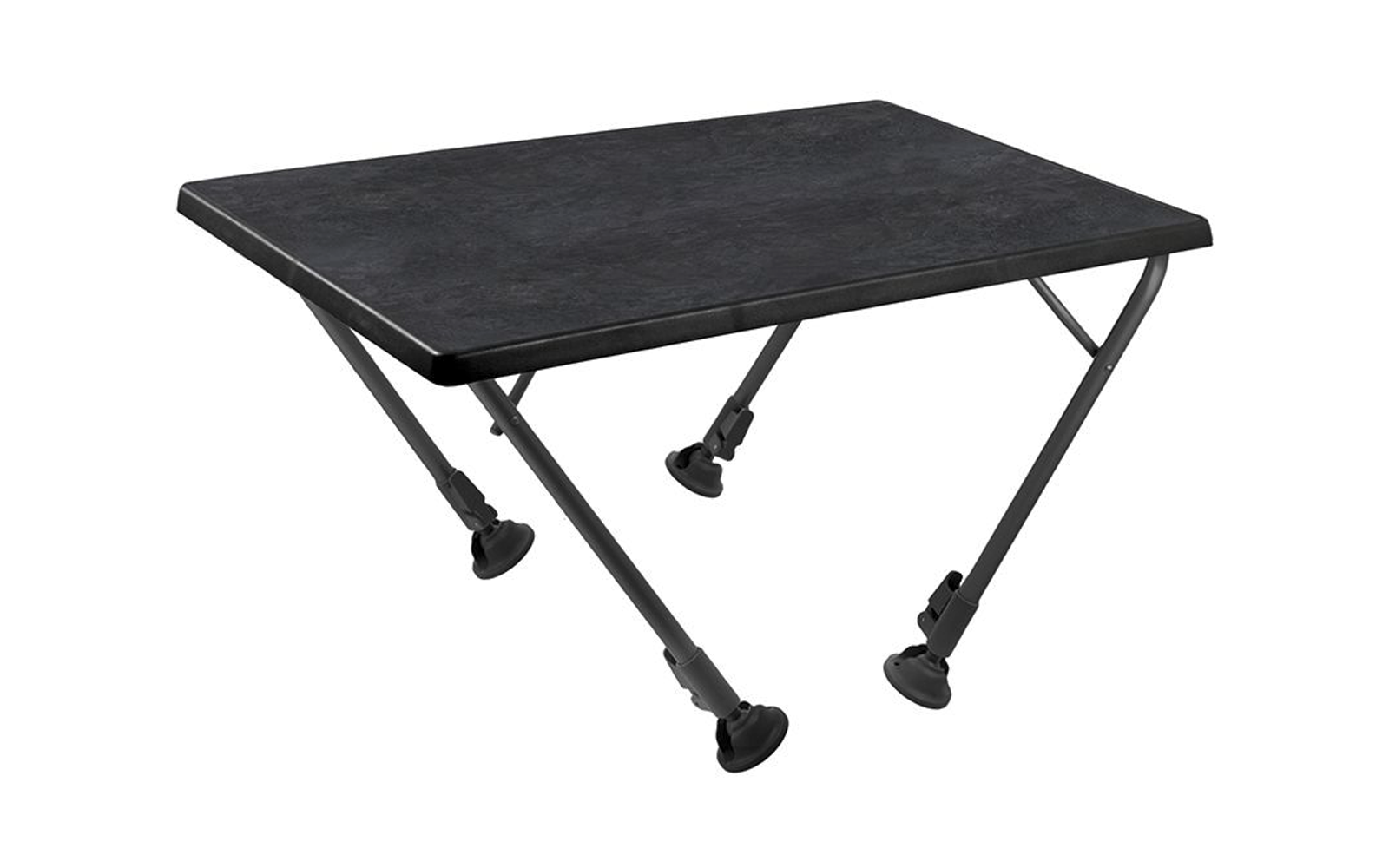 Rectangular black tabletop on four angled metal legs with round black rubber feet, on a white background